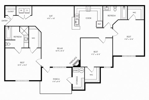 Floor plan for 3 beds, 2 baths, 1349 sqft